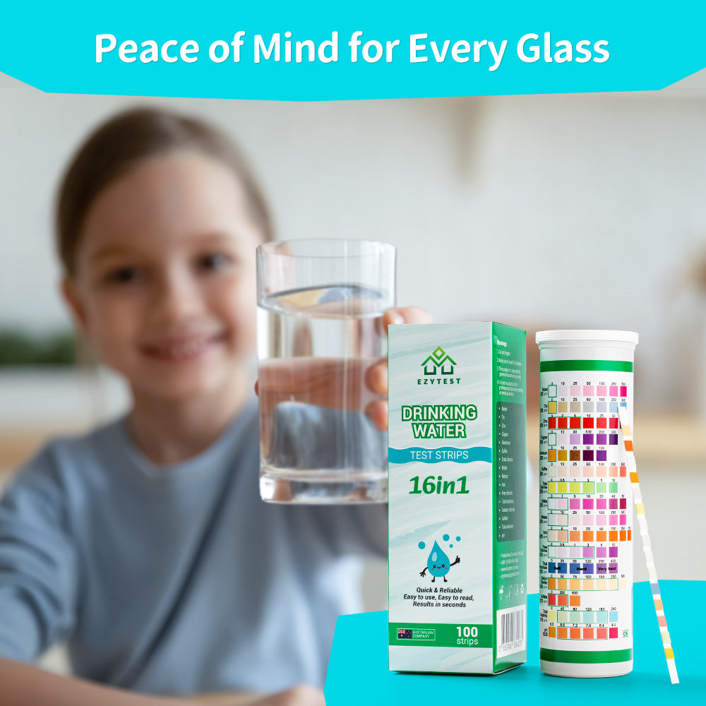 EzyTest Drinking Water Test Strips 16-in-1 (100 Strips) — Fast At-Home Water Quality Screening in Seconds