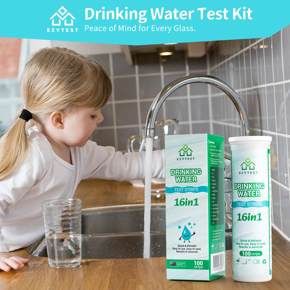 EzyTest Drinking Water Test Strips 16-in-1 (100 Strips) — Fast At-Home Water Quality Screening in Seconds