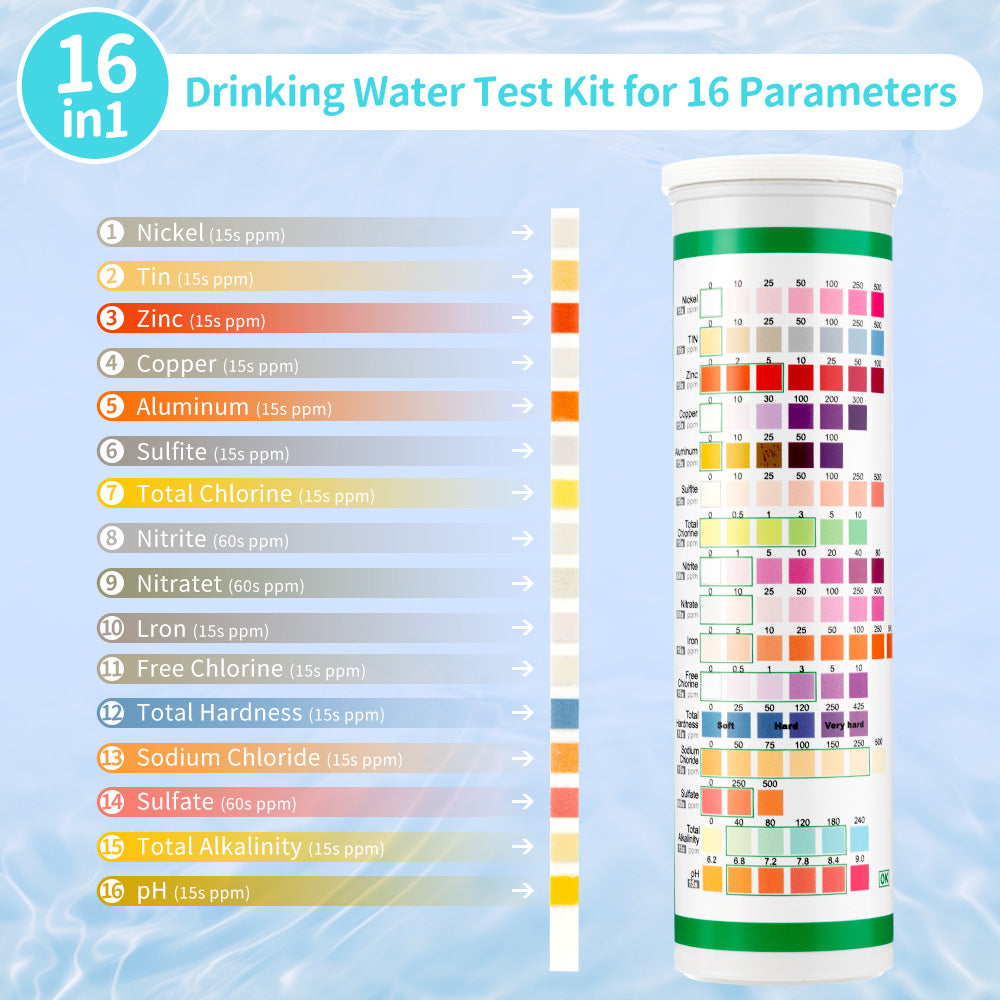 EzyTest Drinking Water Test Strips 16-in-1 (100 Strips) — Fast At-Home Water Quality Screening in Seconds