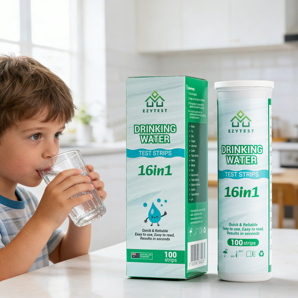 EzyTest Drinking Water Test Strips 16-in-1 (100 Strips) — Fast At-Home Water Quality Screening in Seconds