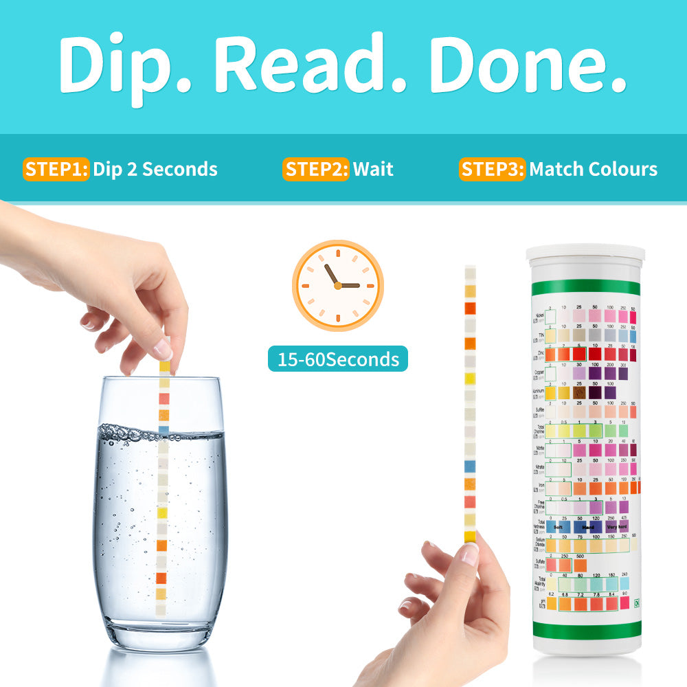 EzyTest Drinking Water Test Strips 16-in-1 (100 Strips) — Fast At-Home Water Quality Screening in Seconds