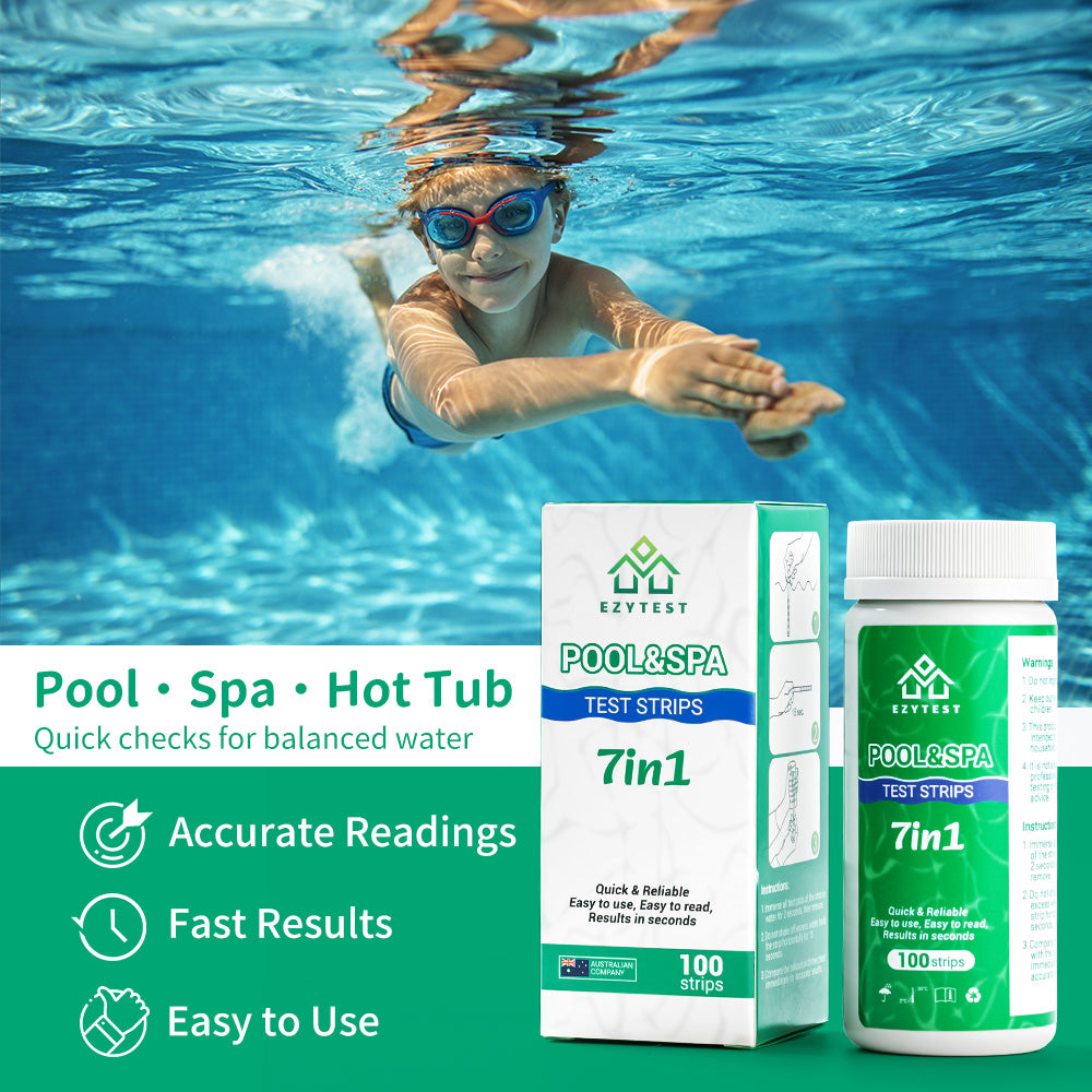 EzyTest Pool & Spa Test Strips 7-in-1 (100 Strips) — Fast, Easy Water Testing in Seconds