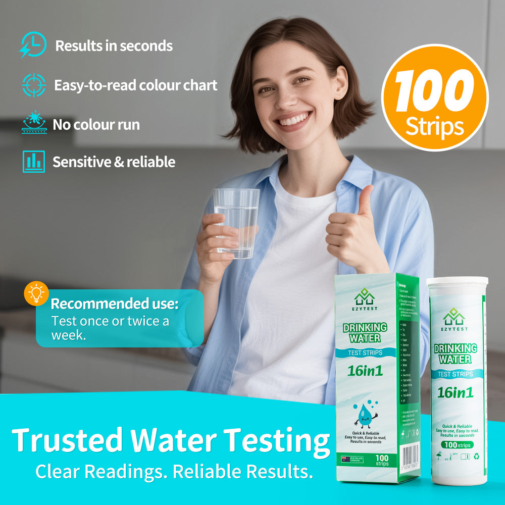 EzyTest Drinking Water Test Strips 16-in-1 (100 Strips) — Fast At-Home Water Quality Screening in Seconds